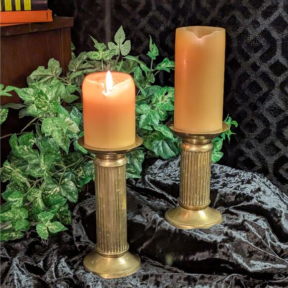 Two Vintage Solid Brass Thick Olympic Style Column Fluted Center Candle Holders - Picture 1 of 8